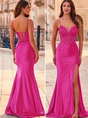 Slim Spaghetti Straps Lace Applique Beaded Sheer Corset Prom Dress with Slit